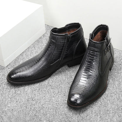 Premium men's formal Chelsea boots in brown, featuring a round toe, low wedge heel, and side zipper closure for a polished, office-ready look