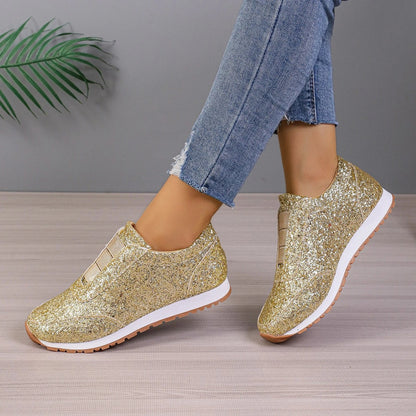 Premium sequinned flats with round toe and slip-on design, perfect for casual wear and special occasions.