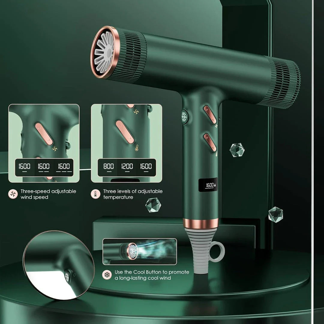Ultra-fast professional hair dryer with 113,000 rpm/min motor, LCD display, and anion technology for healthy, shiny hair