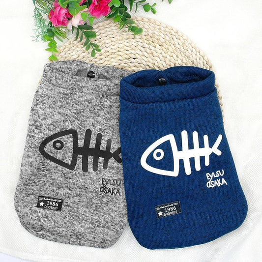 Stylish fish bone printed dog hoodie in gray and blue colours, perfect for keeping small pups warm and cosy in the UK