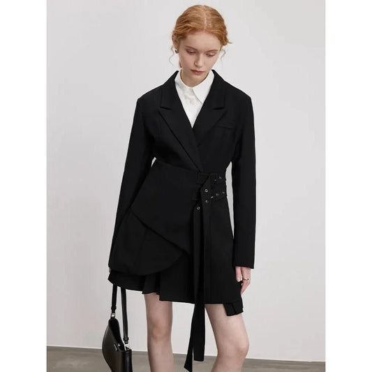 Chic slim-fit adjustable waist blazer in black colour, perfect for formal and casual occasions in the UK
