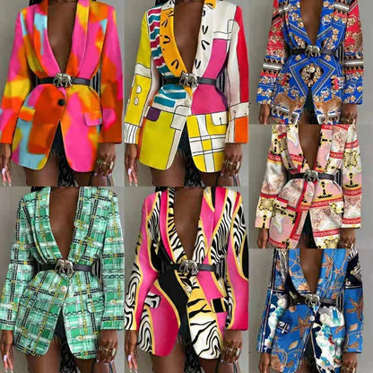 Women's Stylish Printed Shawl-Collar Single-Breasted Blazer with Belt in various colours