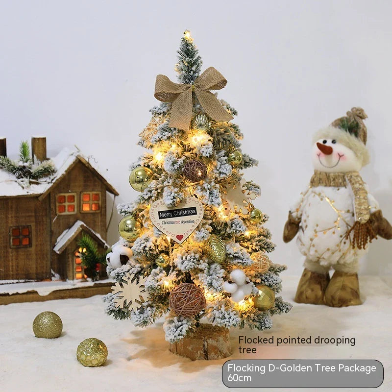 Flocked mini Christmas trees in gold, red, and brown colours, perfect for tabletop and mantel displays