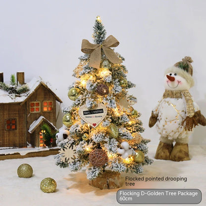 Flocked mini Christmas trees in gold, red, and brown colours, perfect for tabletop and mantel displays