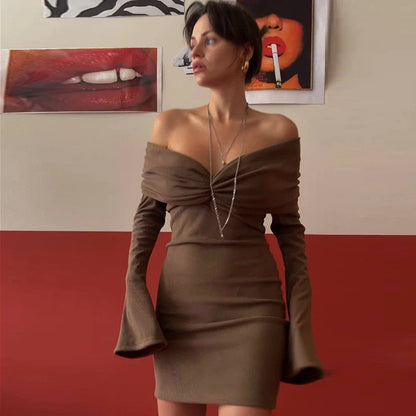 Trendha Slim-Fit Pleated Off-Shoulder Dress in Brown with Long Sleeves