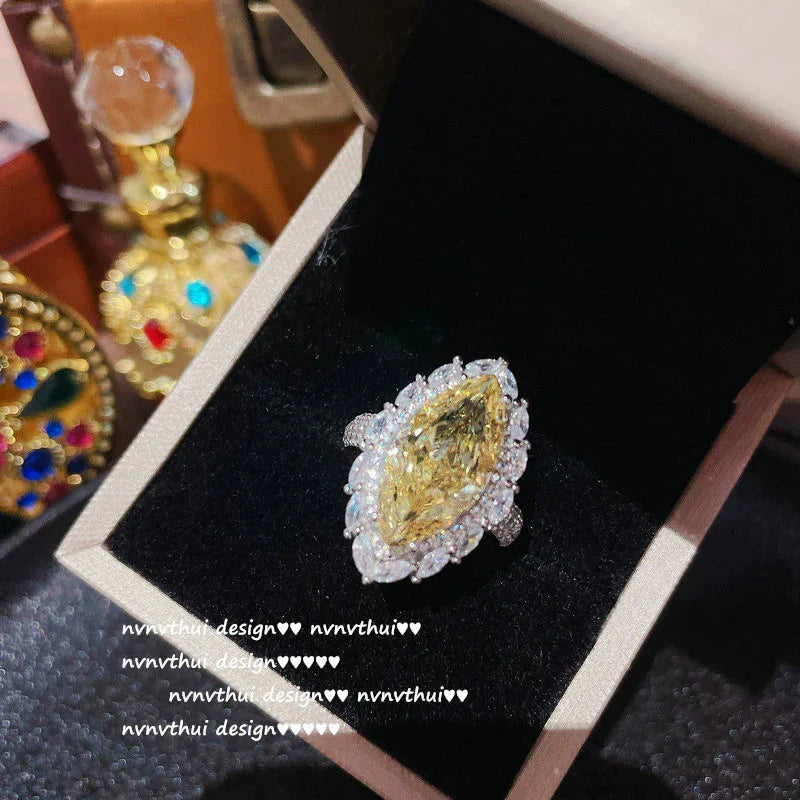 925 Sterling Silver Goose Yellow Gemstone Flower Ring with High-Carbon Diamond Accents