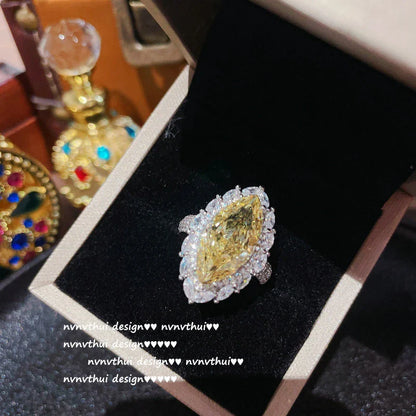 925 Sterling Silver Goose Yellow Gemstone Flower Ring with High-Carbon Diamond Accents