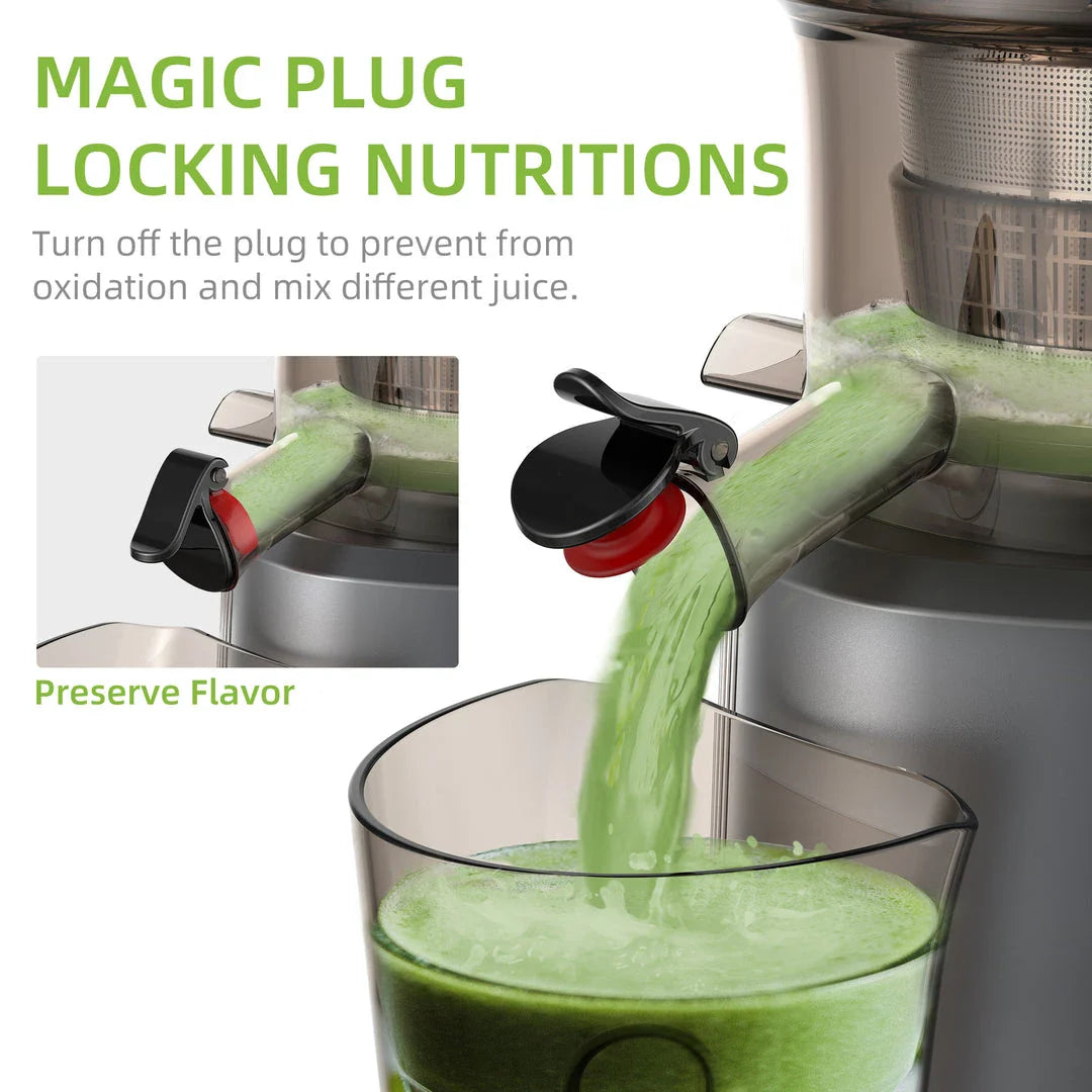 Premium cold press juicer with 200W motor, slow masticating process, and 3-inch wide feed chute for whole produce juicing