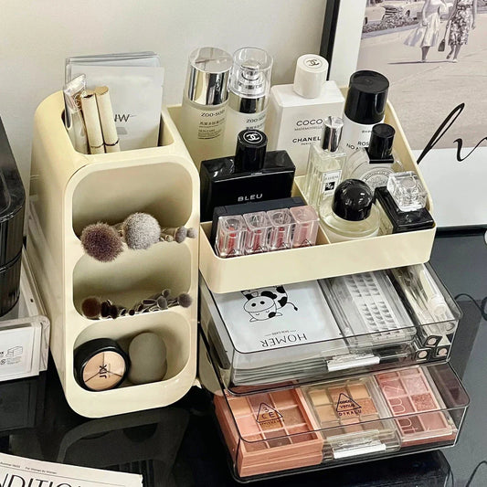 A large makeup organizer with a rotating brush holder and divided tray for storing cosmetics, skincare products, and beauty tools.