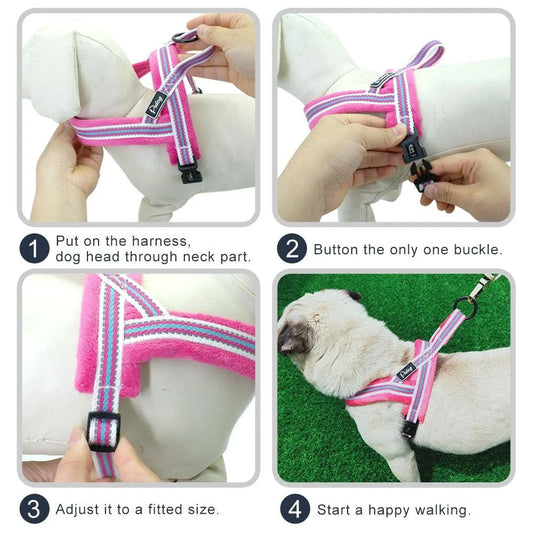 Adjustable reflective dog harness with padded interior for comfort and safety