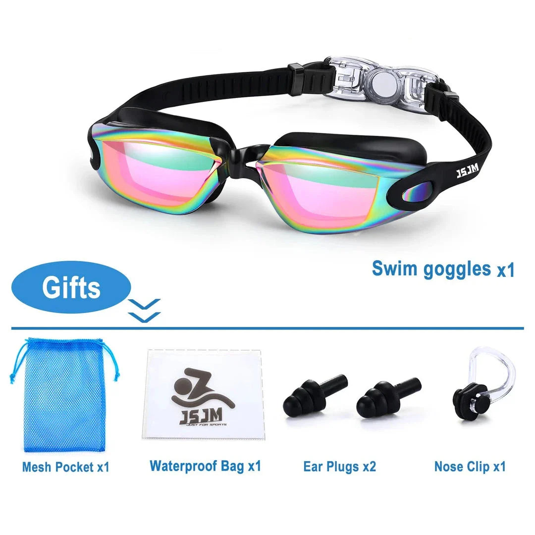 Premium adult swimming goggles with anti-fog lenses, UV protection, and adjustable silicone frame