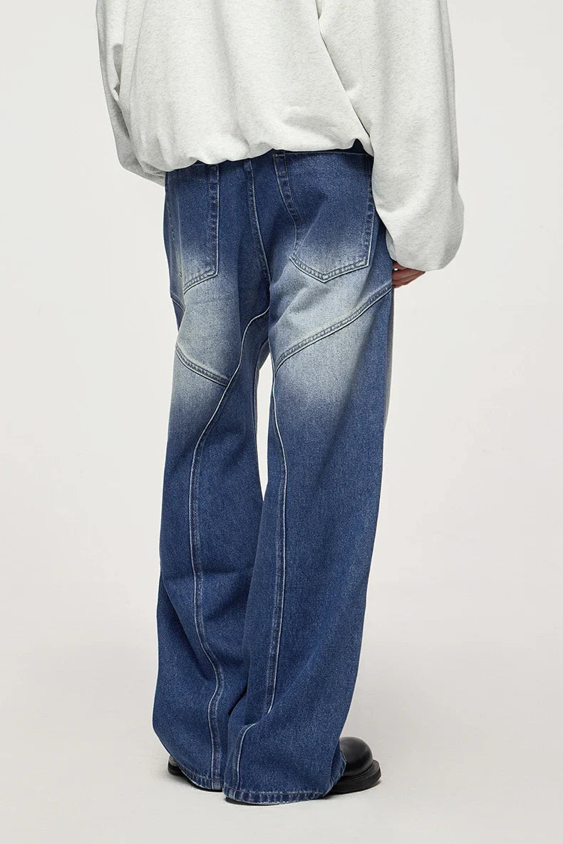 Men's Washed Blue 3D Cut Wide Leg Jeans with micro-elasticity and relaxed straight-leg fit