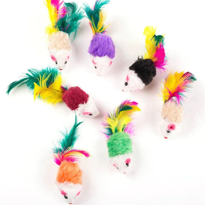 A set of ten charming and colourful mini mouse plush toys for cats to play with and engage their natural hunting instincts.