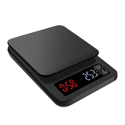 Premium digital coffee scale with LCD display, timer, and stainless steel platform for precise brewing control