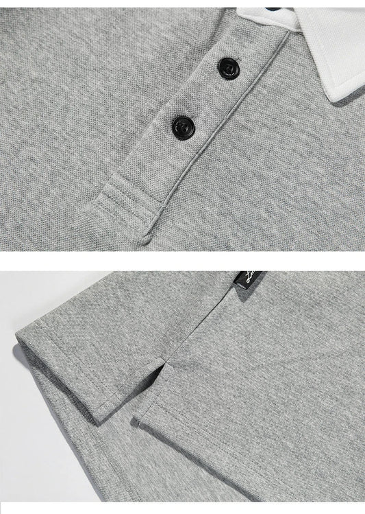 Melange grey polo shirt with contrast stitching, designed and made in Britain for comfortable summer wear