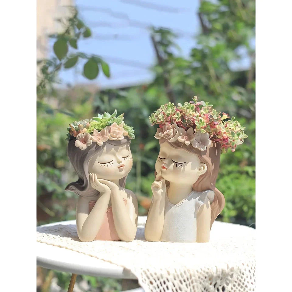 Charming 7.8-inch fairy girl planter made of high-quality resin with hand-painted details, perfect for succulents and small plants