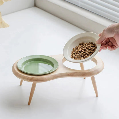 Elevated cat and small dog ceramic feeding set with adjustable wooden stand
