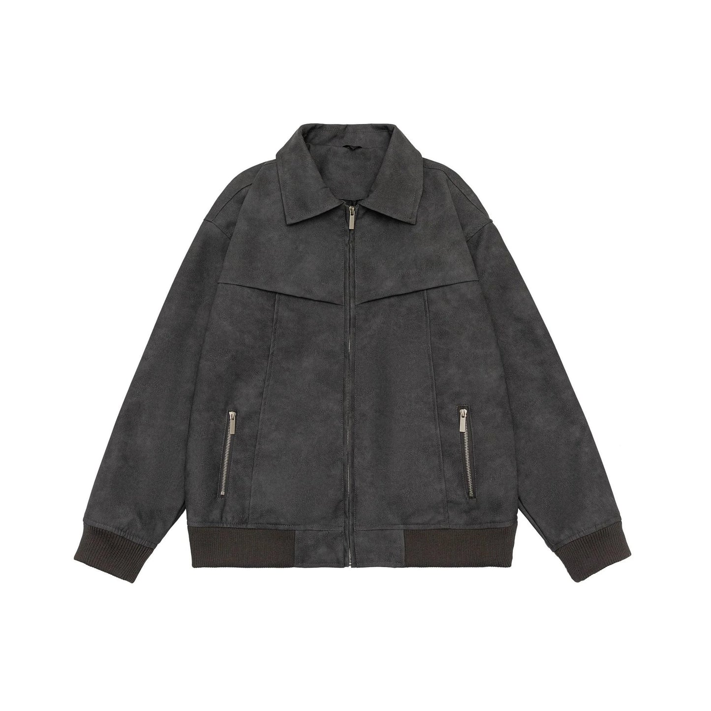 A classic distressed leather jacket in a relaxed, unstructured fit suitable for both men and women