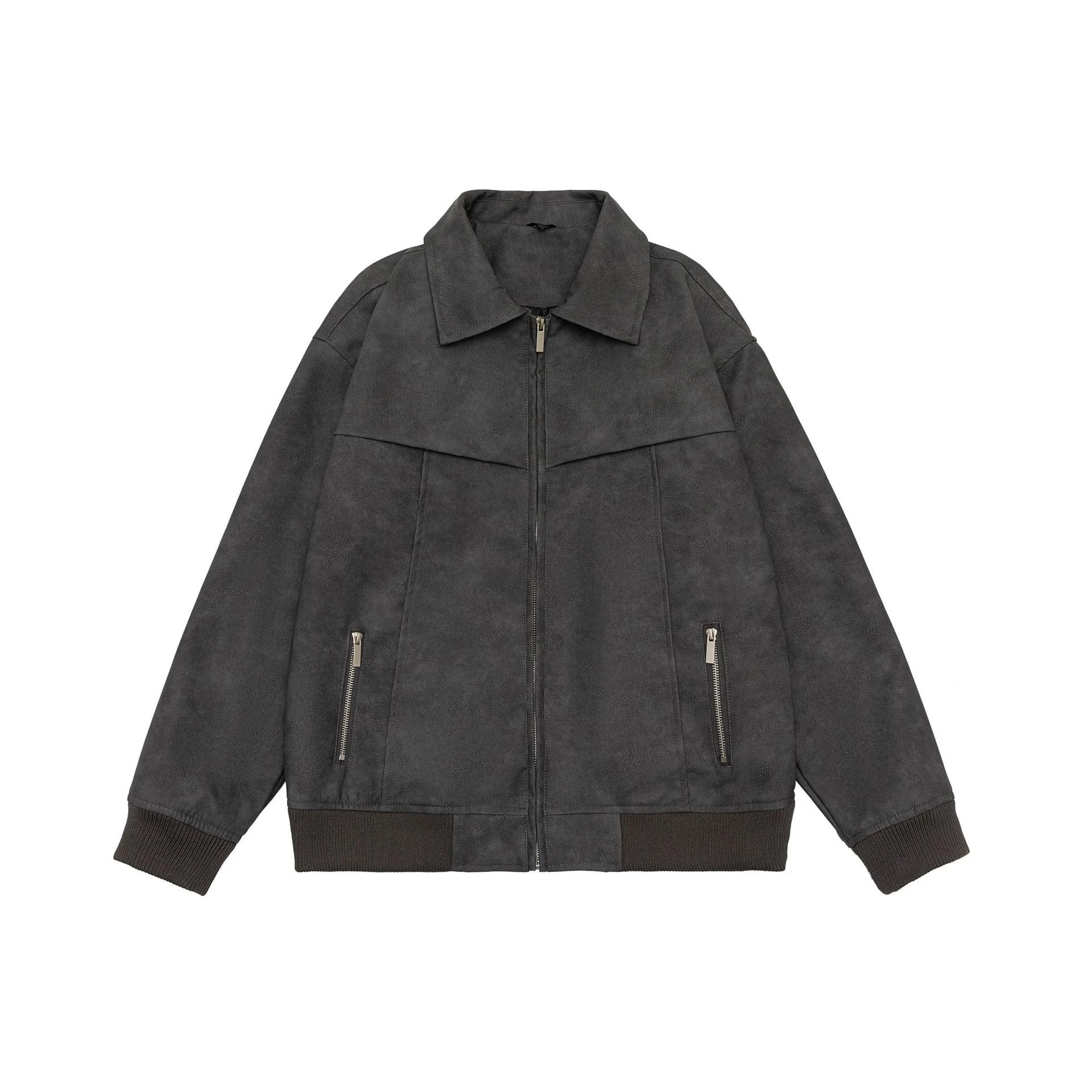 A classic distressed leather jacket in a relaxed, unstructured fit suitable for both men and women