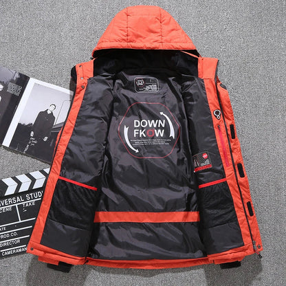 Men's premium white duck down insulated winter jacket with multiple pockets, adjustable hood and cuffs, designed for warmth and style.