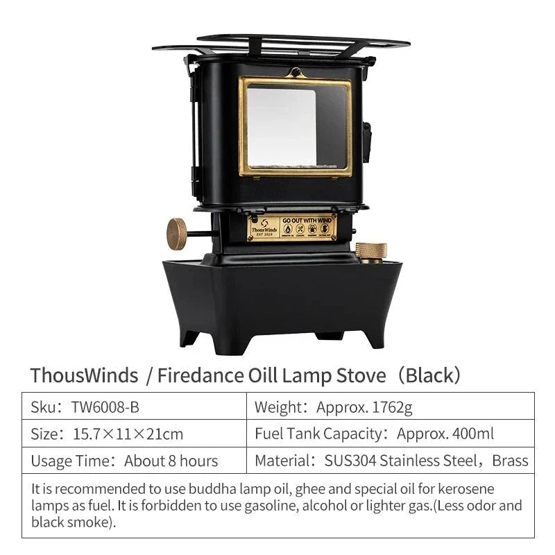 Retro Oil Lamp Stove with brass and stainless steel construction, providing warm light and ambience for outdoor activities in the UK
