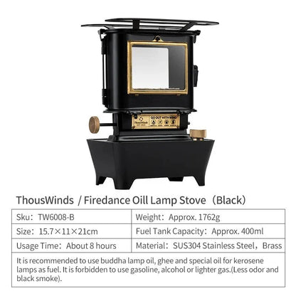 Retro Oil Lamp Stove with brass and stainless steel construction, providing warm light and ambience for outdoor activities in the UK
