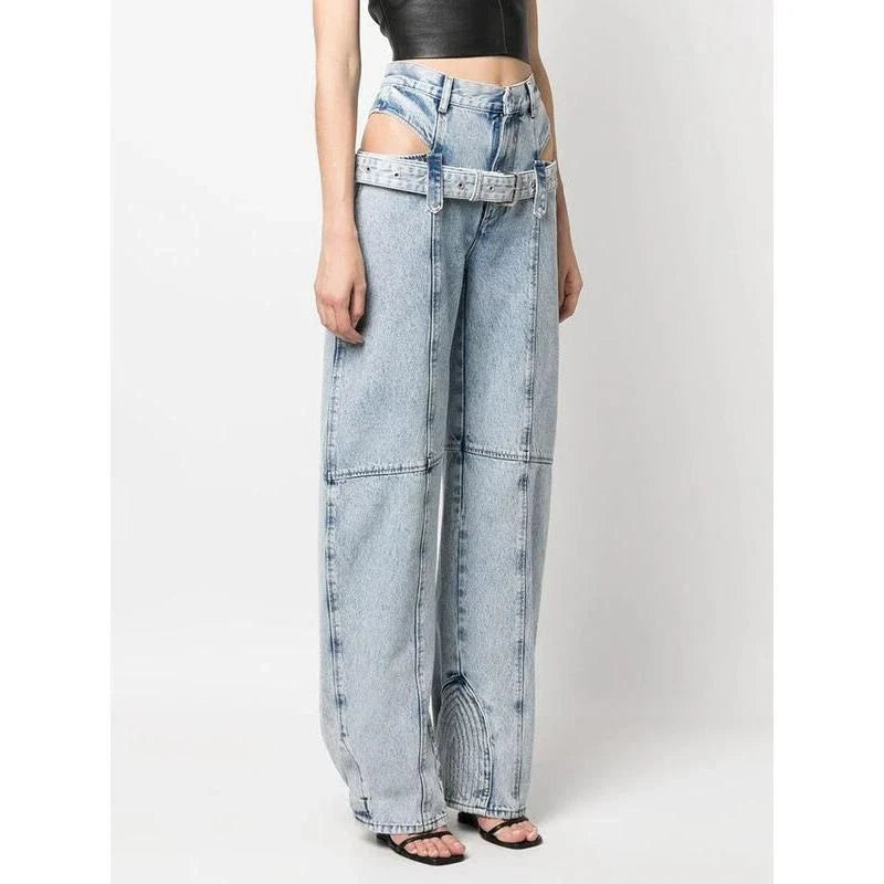 High-waist denim trousers with chic cutout design, perfect for British fashion enthusiasts