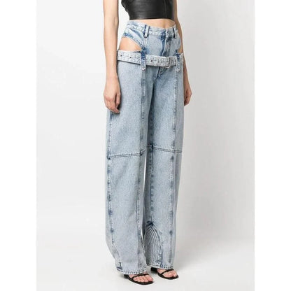 High-waist denim trousers with chic cutout design, perfect for British fashion enthusiasts