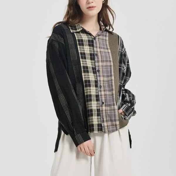 A stylish plaid shirt with a unique patchwork design, made from a comfortable cotton-blend fabric.