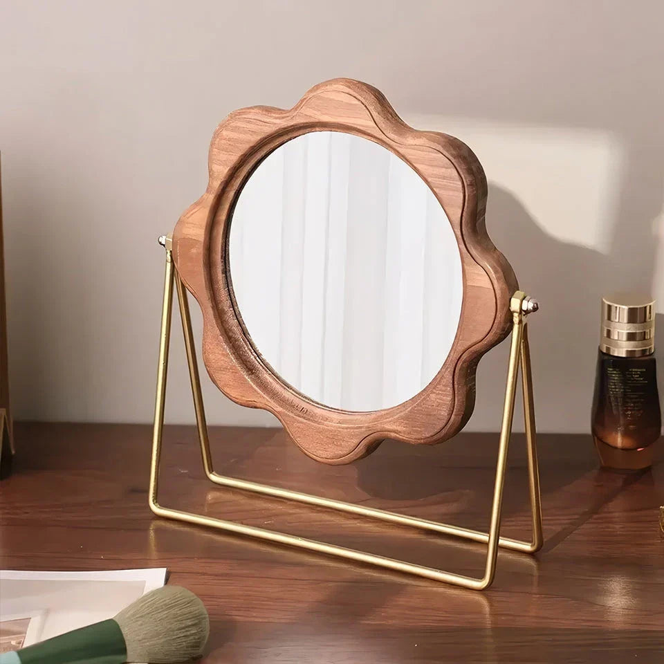 Elegant round desktop makeup mirror with wood frame in neoclassical design