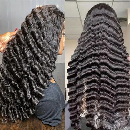 Luxurious deep wavy human hair wig with natural lace construction, available in various lengths for a customized, elegant look.