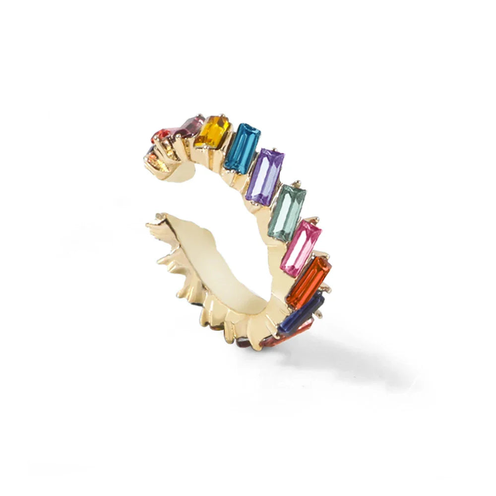 Multicolour glass diamond C-shaped earrings with alloy-inlaid artificial gems and semi-precious stones