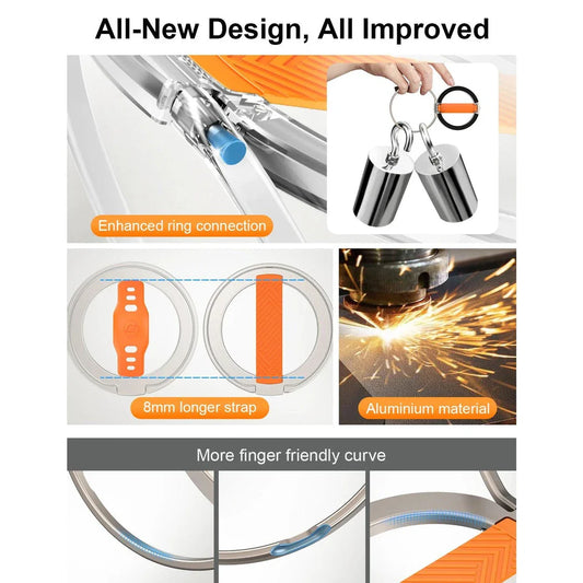 A premium 360-degree magnetic ring phone holder with wireless charging capabilities, made from high-quality aluminium alloy.