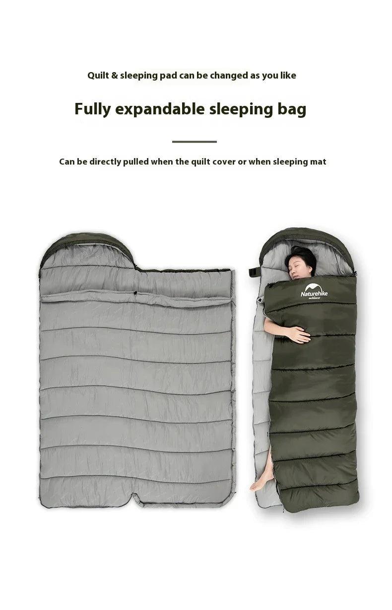 Naturehike Luxury Down-filled Sleeping Bag for Outdoor Camping in Hollow Cotton/Clay Gray, Hollow Cotton/Moxa Leaf Green, and Down Cotton/Sky Blue colours