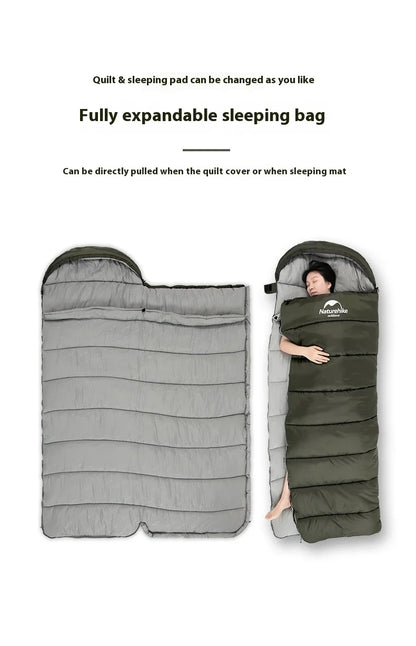 Naturehike Luxury Down-filled Sleeping Bag for Outdoor Camping in Hollow Cotton/Clay Gray, Hollow Cotton/Moxa Leaf Green, and Down Cotton/Sky Blue colours