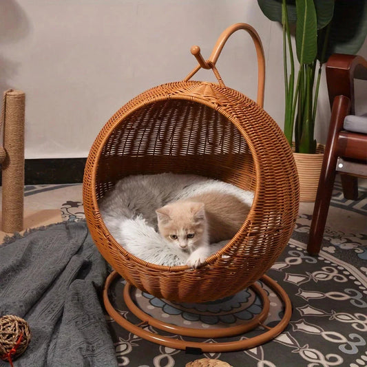 Cosy hanging cat hammock bed with soft, plush materials and sturdy metal frame, providing a comfortable and secure space for cats to nap and observe their surroundings.
