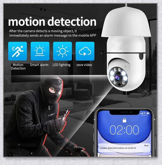 Discreet 1080p 360-degree panoramic WiFi security camera hidden in a light bulb design for comprehensive home surveillance