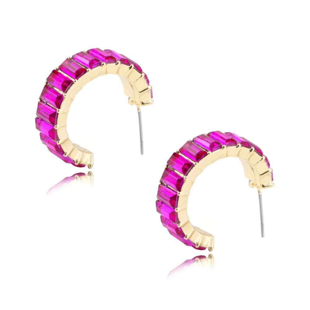 Multicolour glass diamond C-shaped earrings with alloy-inlaid artificial gems and semi-precious stones