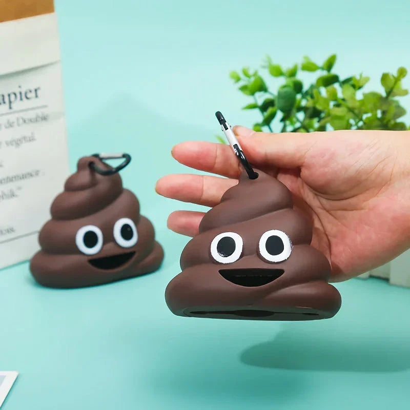 A brown leash-attached poop bag dispenser with a metal carabiner clip, designed for convenient pet waste management during outdoor activities.