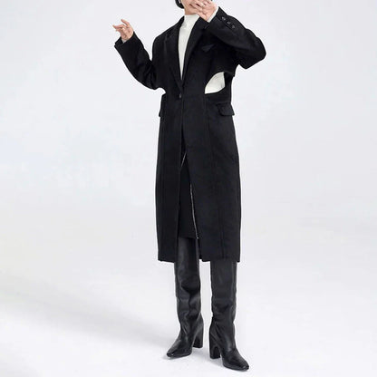 Elegant autumn-winter woollen overcoat with waist cut-out design, turn-down collar, and single-button closure