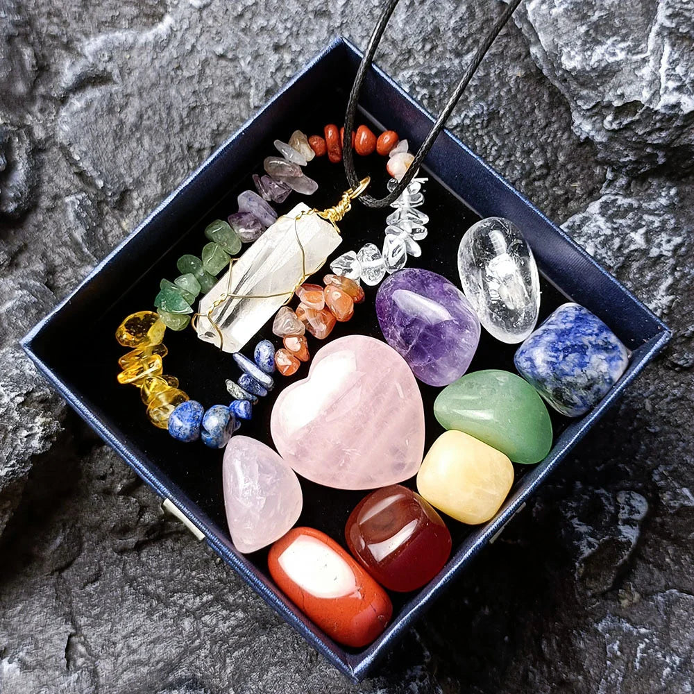 Elegant crystal jade chakra set with love hexagon pillar, natural stones for meditation and energy healing
