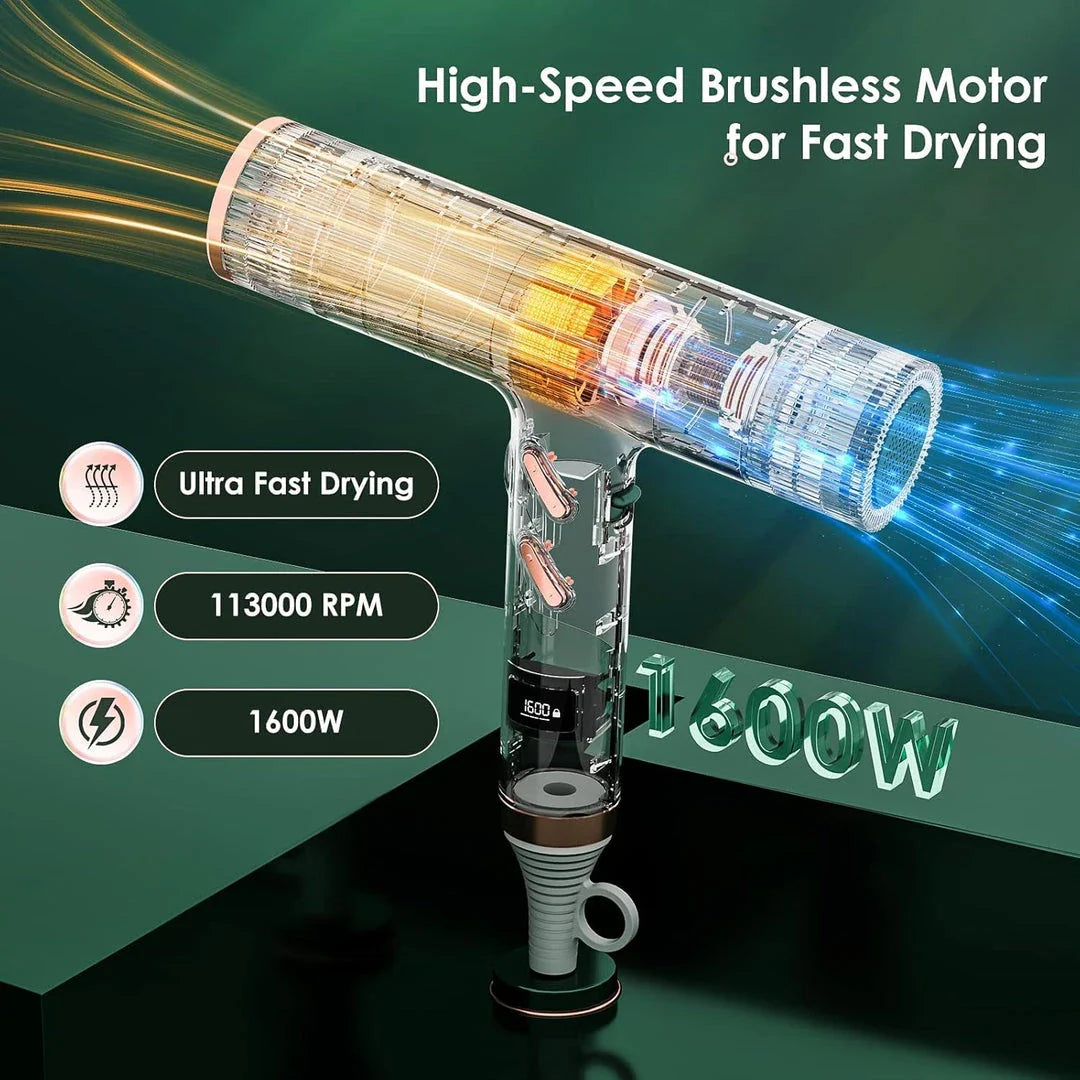 Ultra-fast professional hair dryer with 113,000 rpm/min motor, LCD display, and anion technology for healthy, shiny hair