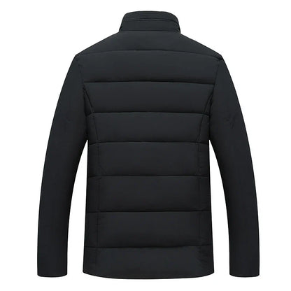 Premium cotton-padded jacket with stand collar and zip closure, available in gray, black, and navy blue