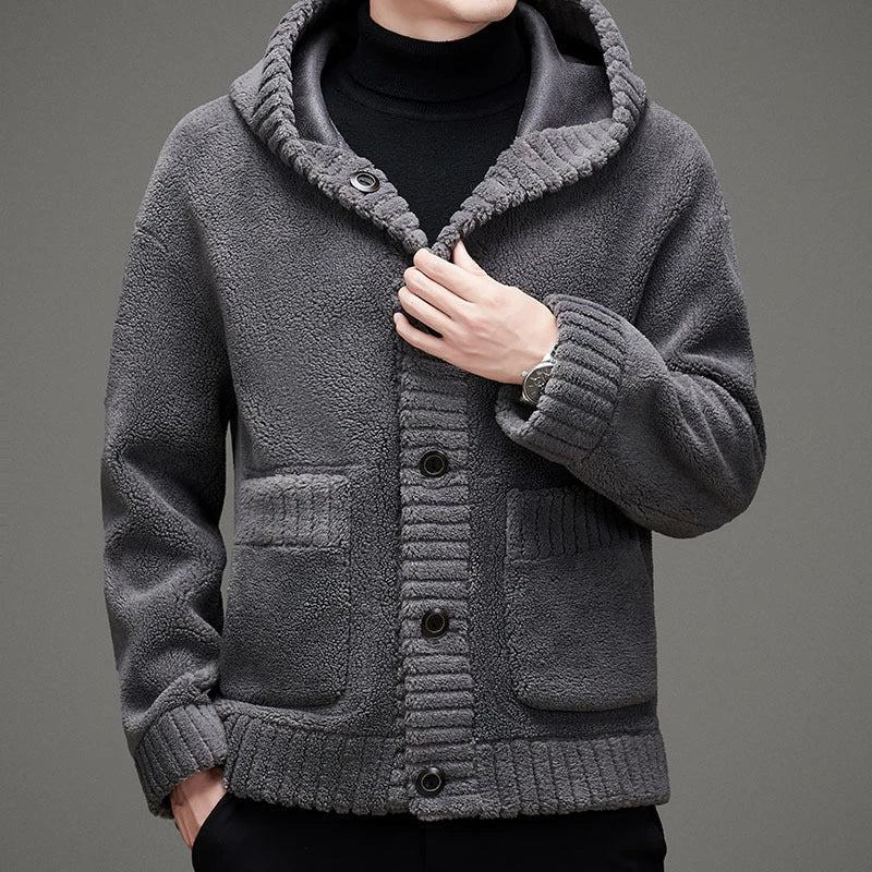Premium double-sided cashmere hooded jacket with luxurious faux fur lining, perfect for British winter weather