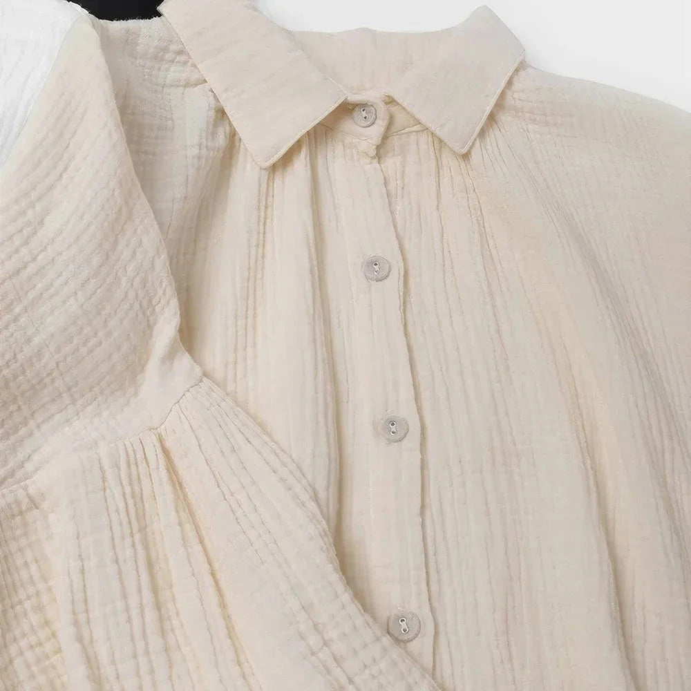 Elegant lantern sleeve shirt and chic skirt two piece set in 100% cotton gauze fabric