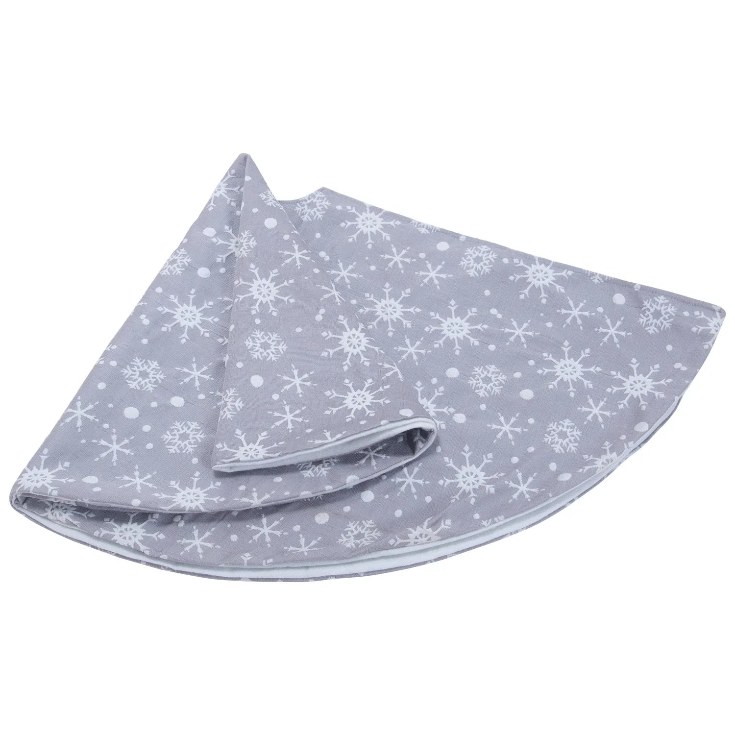 Premium grey background tree skirt with delicate white snowflake patterns, perfect for traditional British Christmas decor