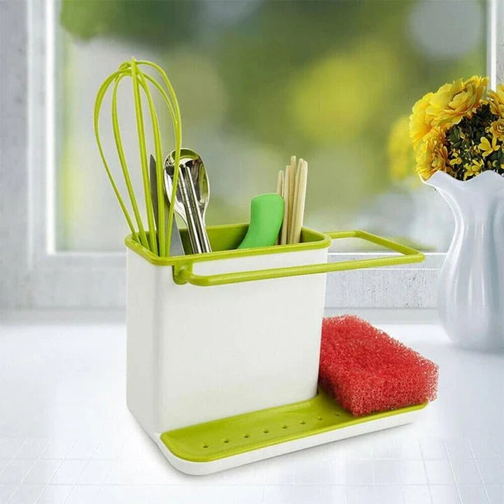 A premium multifunctional kitchen organiser with storage compartments, a towel rail, and a drip tray for keeping your sink area tidy and organised.
