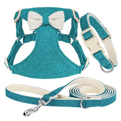 Adjustable bowtie collar, leash, and harness set for small and medium-sized pets in blue, green, pink, and red colours