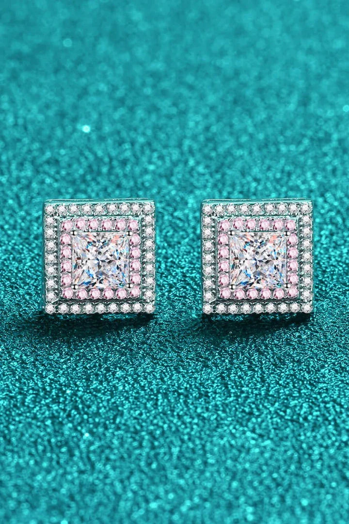 Moissanite square stud earrings in 925 sterling silver with platinum plating
