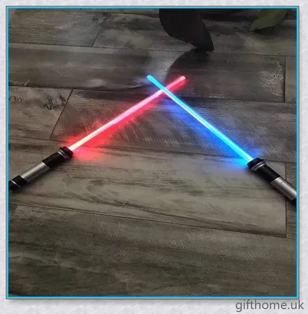 Premium dual-bladed lightsaber with sleek silver hilt, vibrant light modes, and sound effects for authentic Star Wars gameplay